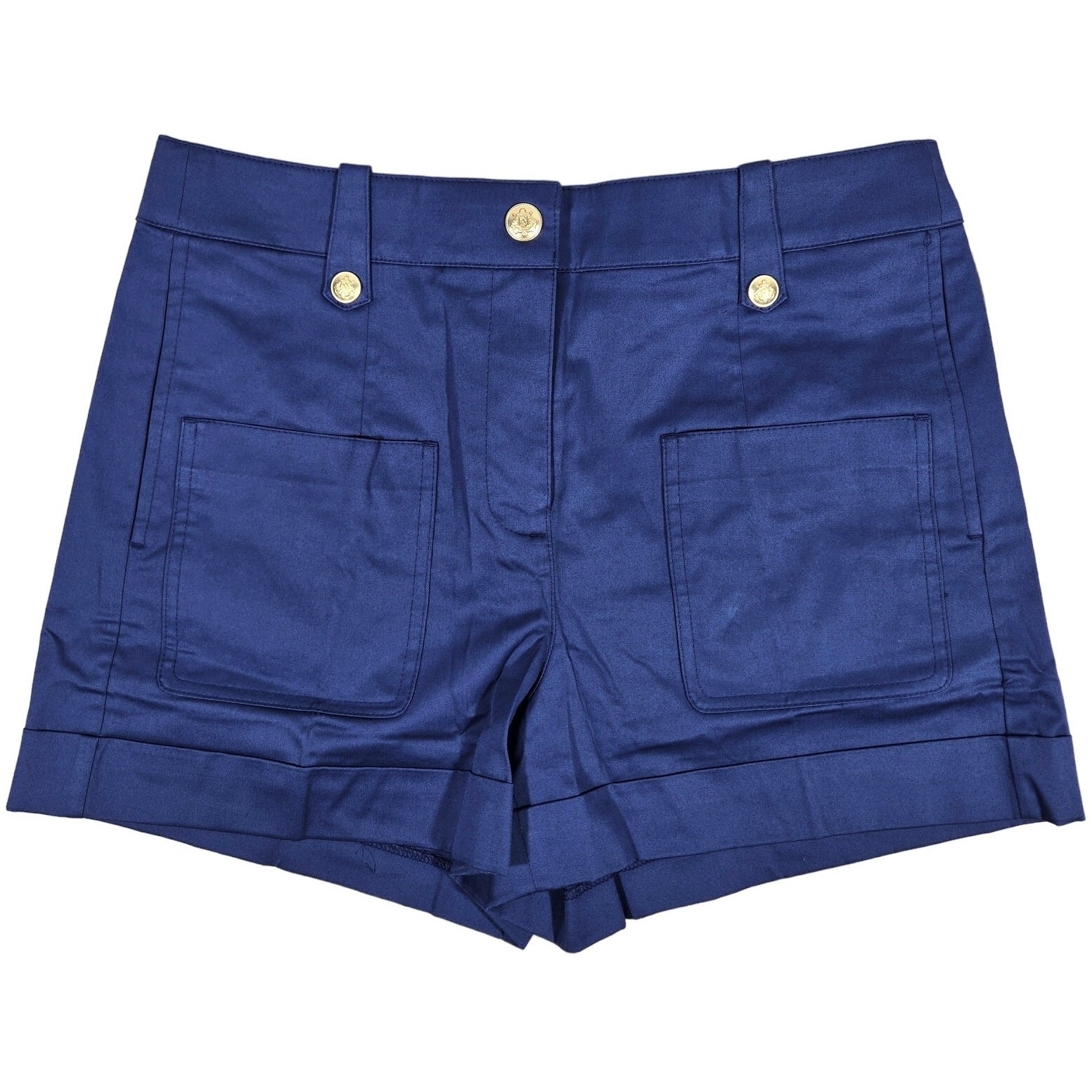 J Crew High Rise Cuffed Shorts Navy Blue Cotton Blend Size 4 Gold Button Detail